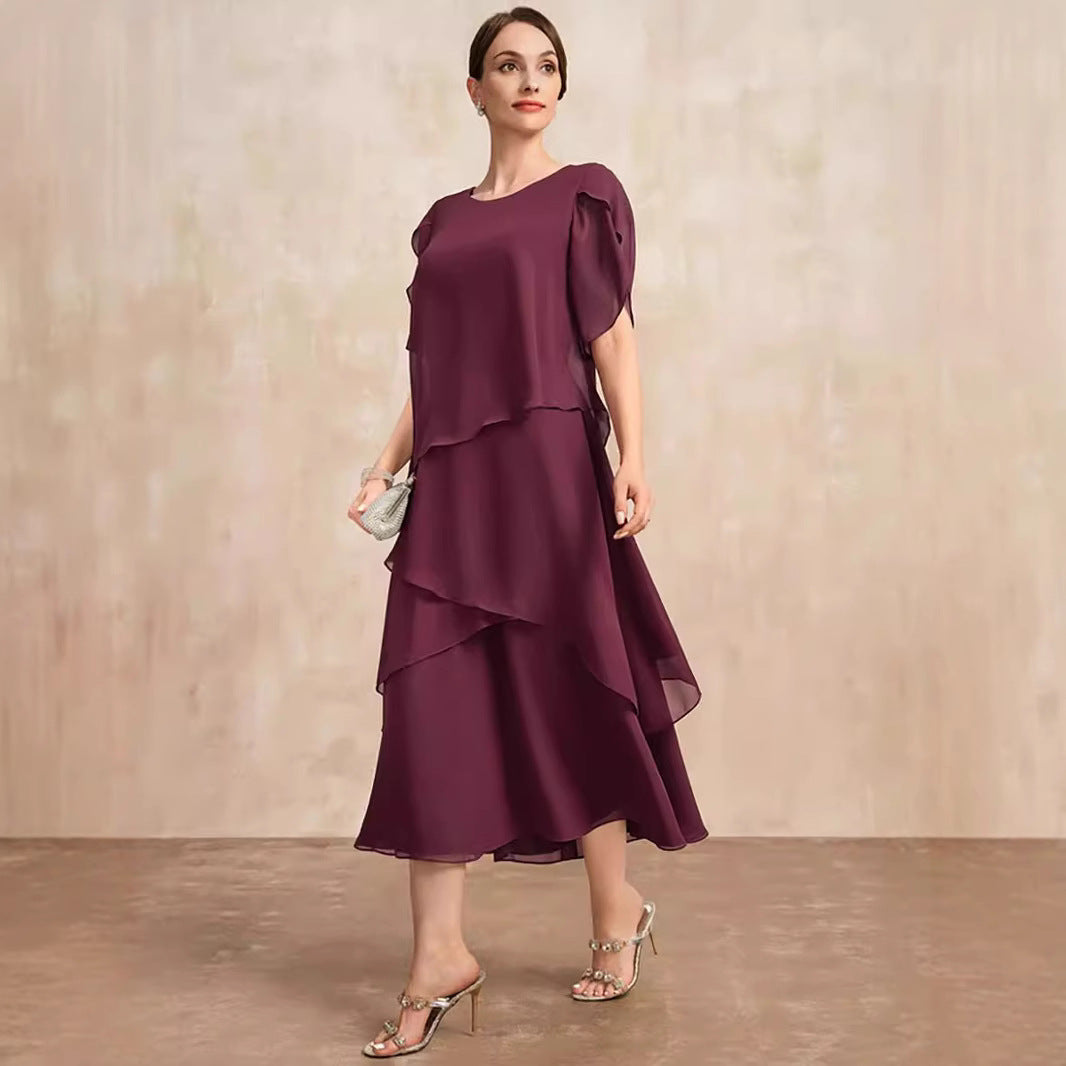 Women's Loose Belly-covering Layers Of Chiffon Dress Maroon