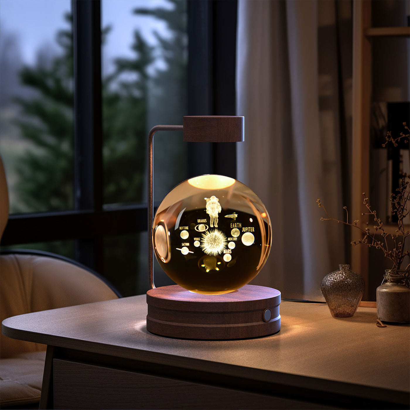 Crystal Ball Cosmic Dinosaur Indoor Night Light Astronauts Dark wood