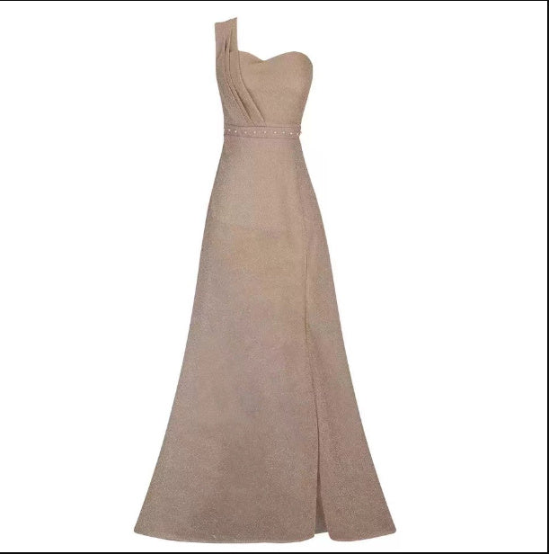 Women's Clothing One-shoulder Sleeveless Bronzing Split Dress Gold