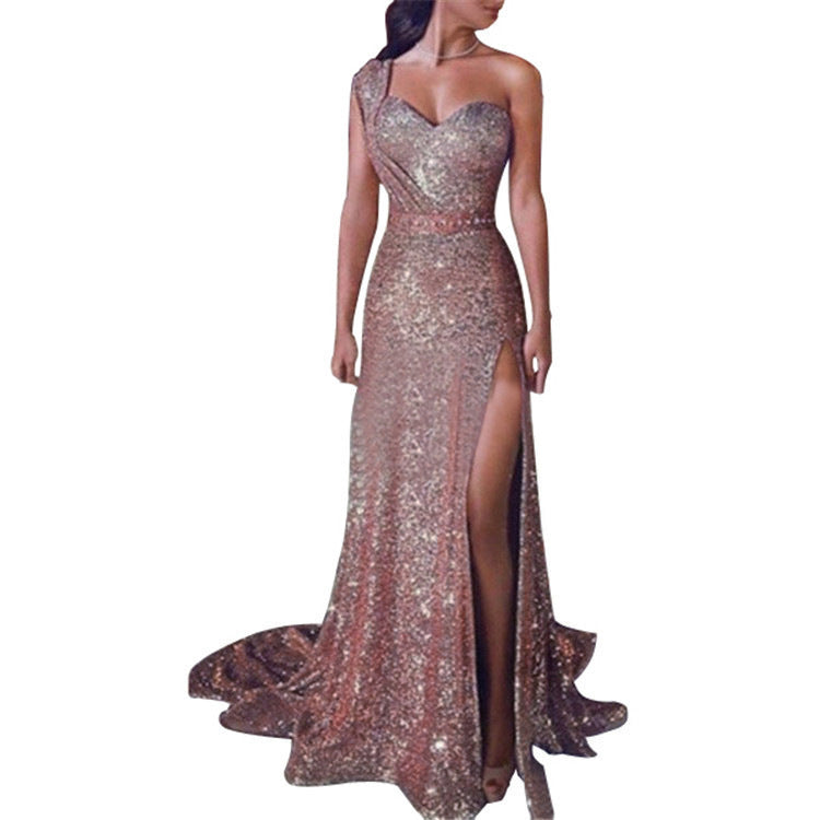 Women's Clothing One-shoulder Sleeveless Bronzing Split Dress Rose Gold