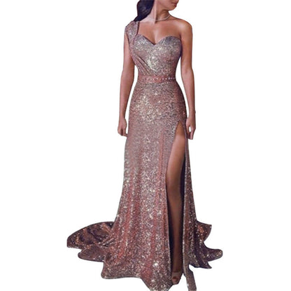 Women's Clothing One-shoulder Sleeveless Bronzing Split Dress Rose Gold