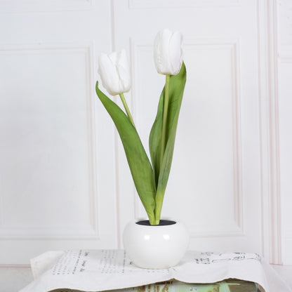 LED Tulip Flower Night Light Artificial Flowerpot Potted Plant Landscape Table Lamp White 2heads Battery