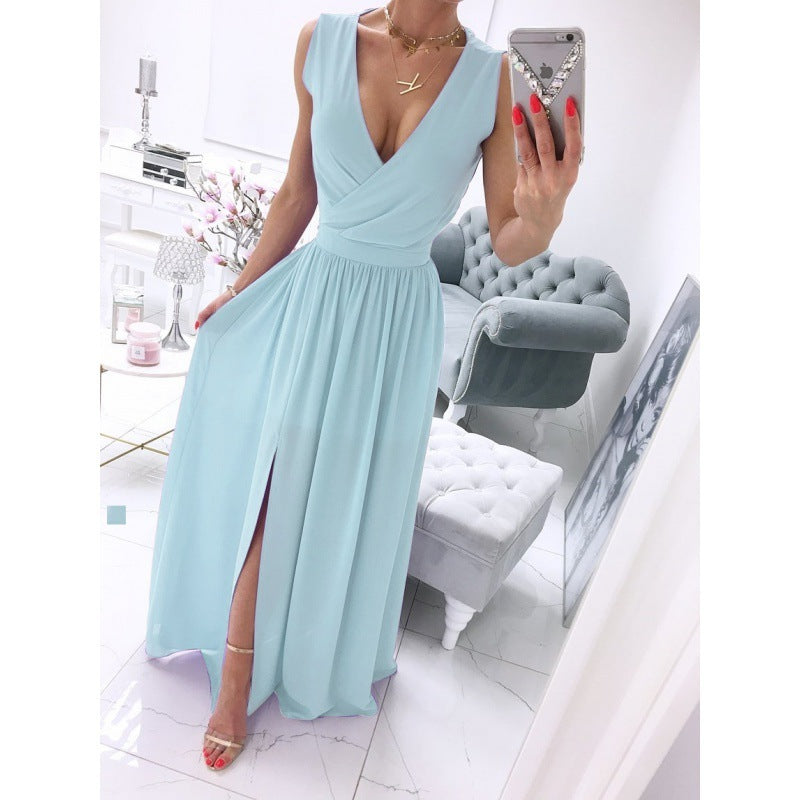 Women's Summer Sleeveless And Ankle Skirt Solid Color V-neck Front Split Long Dress Light Green