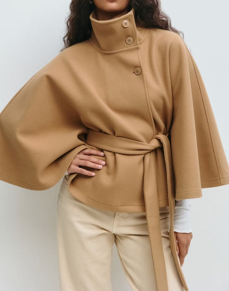 Winter High Neck Batwing Sleeve Coat With Belt Fashion Loose Elegant Button Coat For Women Clothing Khaki