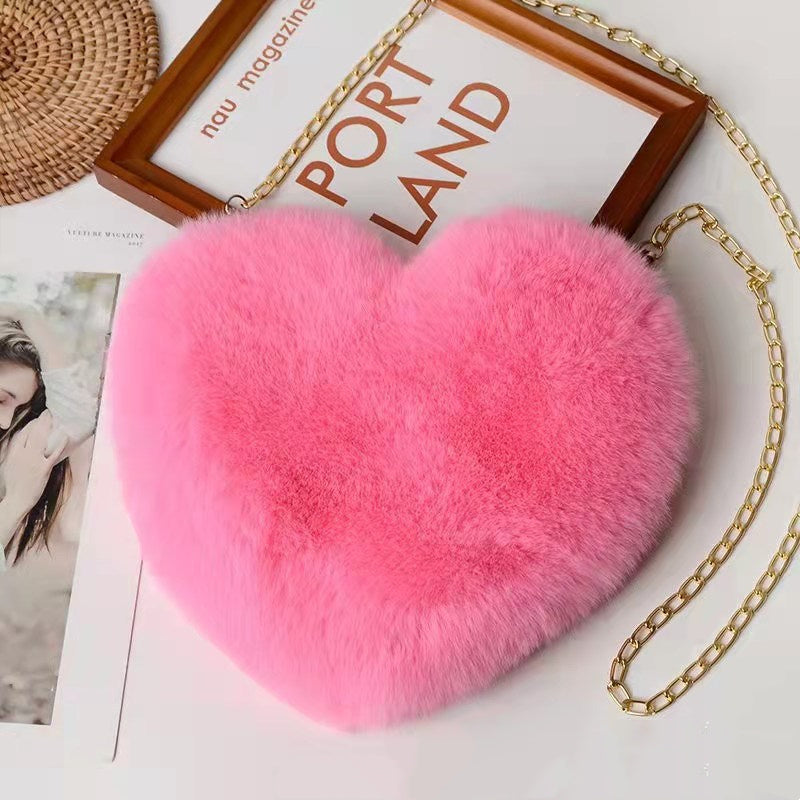 Love Bags For Women Plush Chain Shoulder Bags Party Bag Bright pink