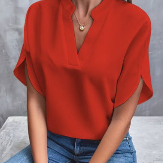 Summer Short-sleeved Chiffon Shirt New V-neck Shirt Women's Casual Versatile Clothing Red