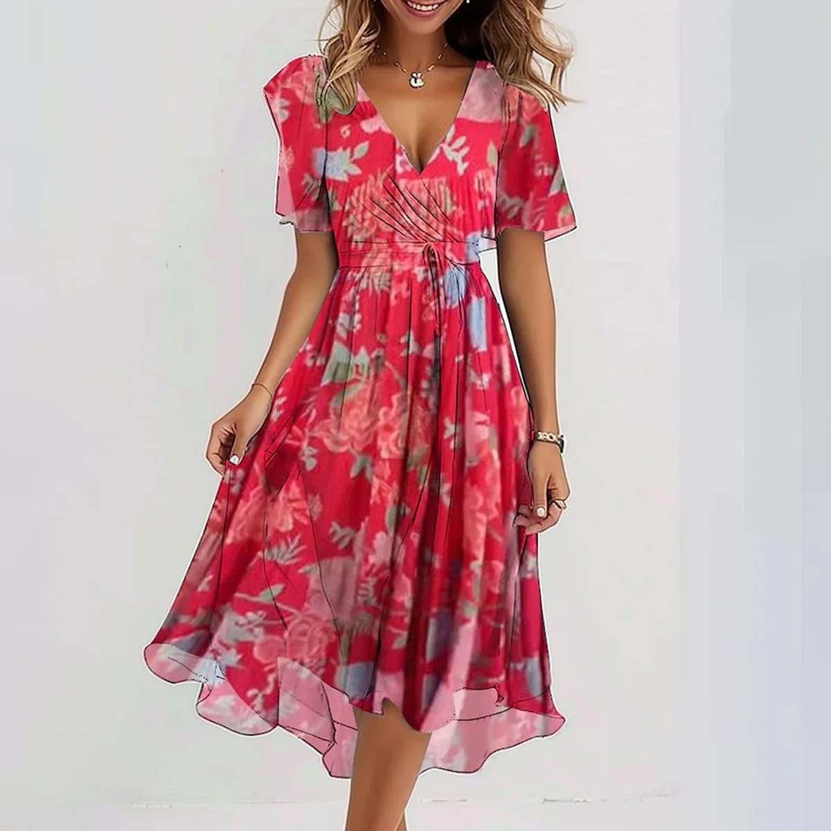 Chiffon Printed Short Sleeve Dress Elegant V-neck Dresses Red