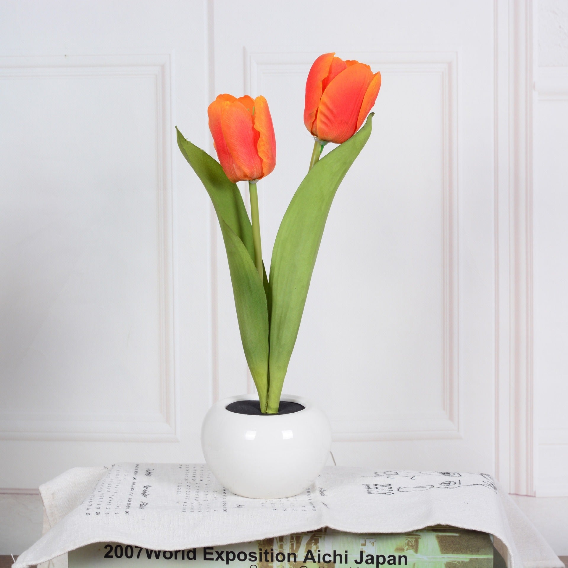 LED Tulip Flower Night Light Artificial Flowerpot Potted Plant Landscape Table Lamp Orange 2heads Battery