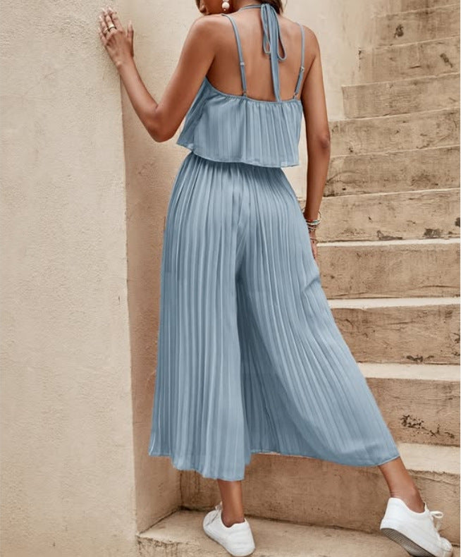 Women's Summer Solid Color Vacation Loose Suit Casual Suit Sky Blue
