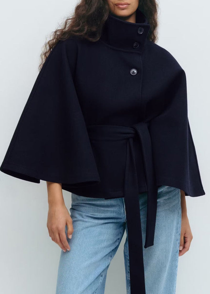 Winter High Neck Batwing Sleeve Coat With Belt Fashion Loose Elegant Button Coat For Women Clothing Navy Blue