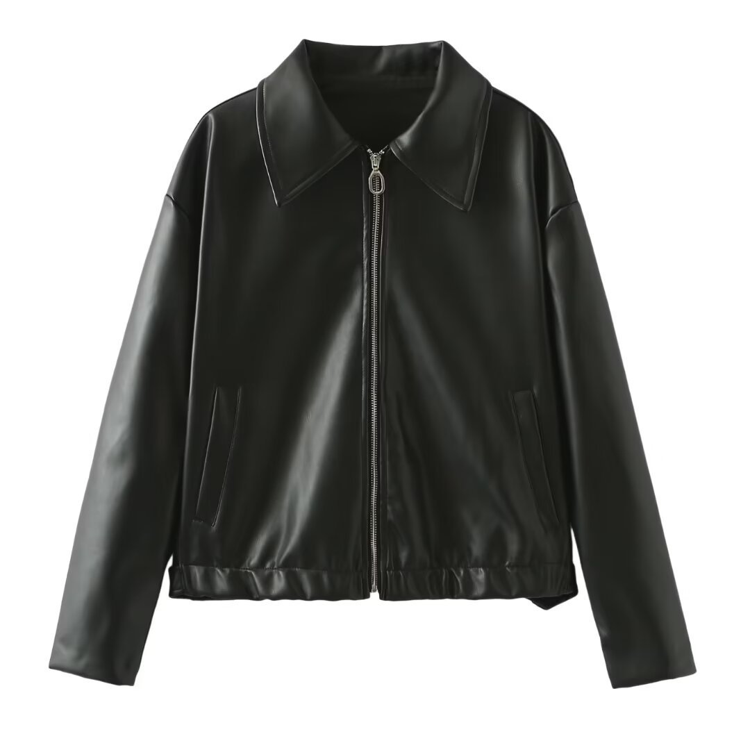Solid Color Lapel Zipper Jacket Fashion Leather Coat Tops Women Clothing Black
