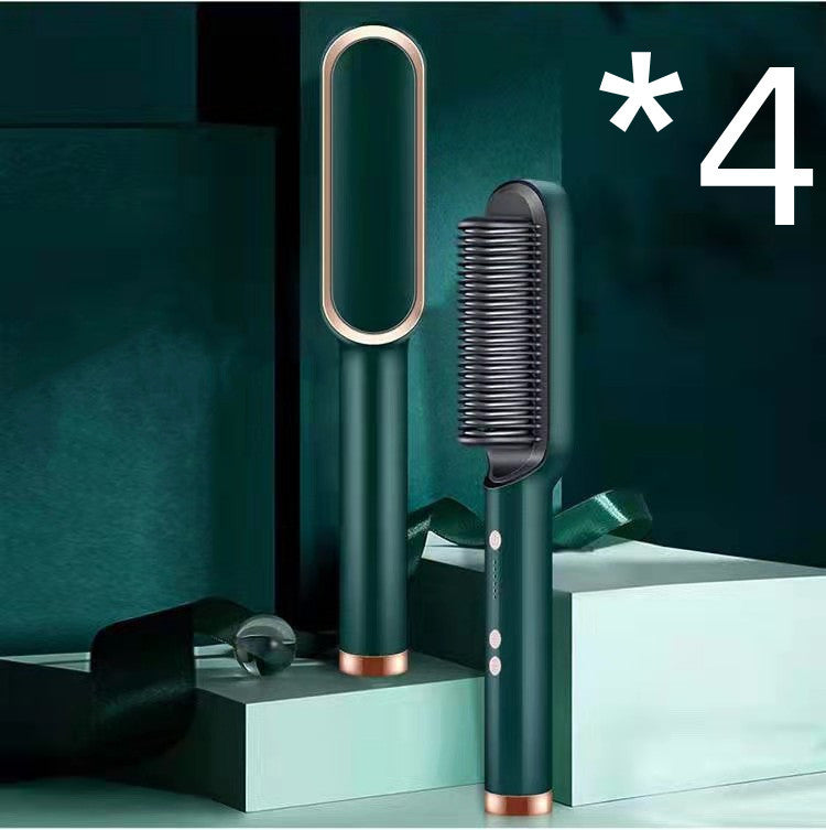 New 2 In 1 Hair Straightener Hot Comb Negative Ion Curling Electric Hair Brush 4pcs Green US Opp pack