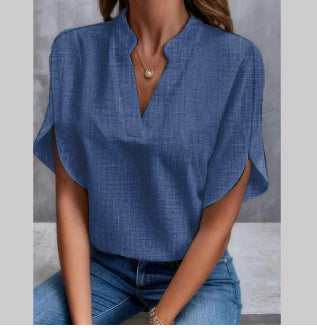 Summer Short-sleeved Chiffon Shirt New V-neck Shirt Women's Casual Versatile Clothing Navy Blue