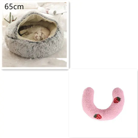 2 In 1 Dog And Cat Bed Pet Winter Bed Round Plush Warm Bed Grey65cm SetC