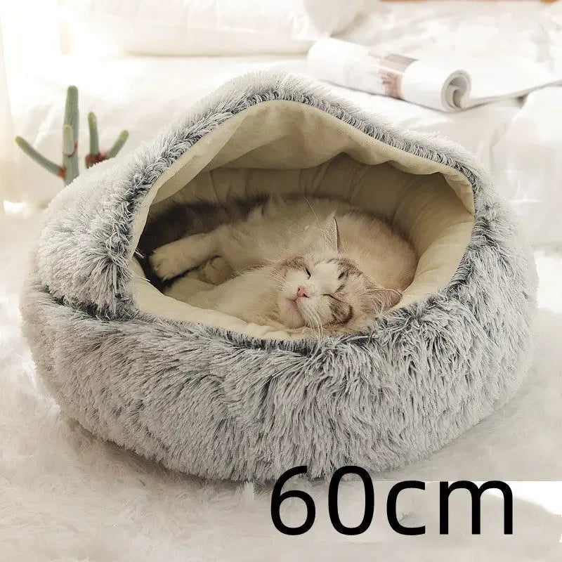 2 In 1 Dog And Cat Bed Pet Winter Bed Round Plush Warm Bed Grey
