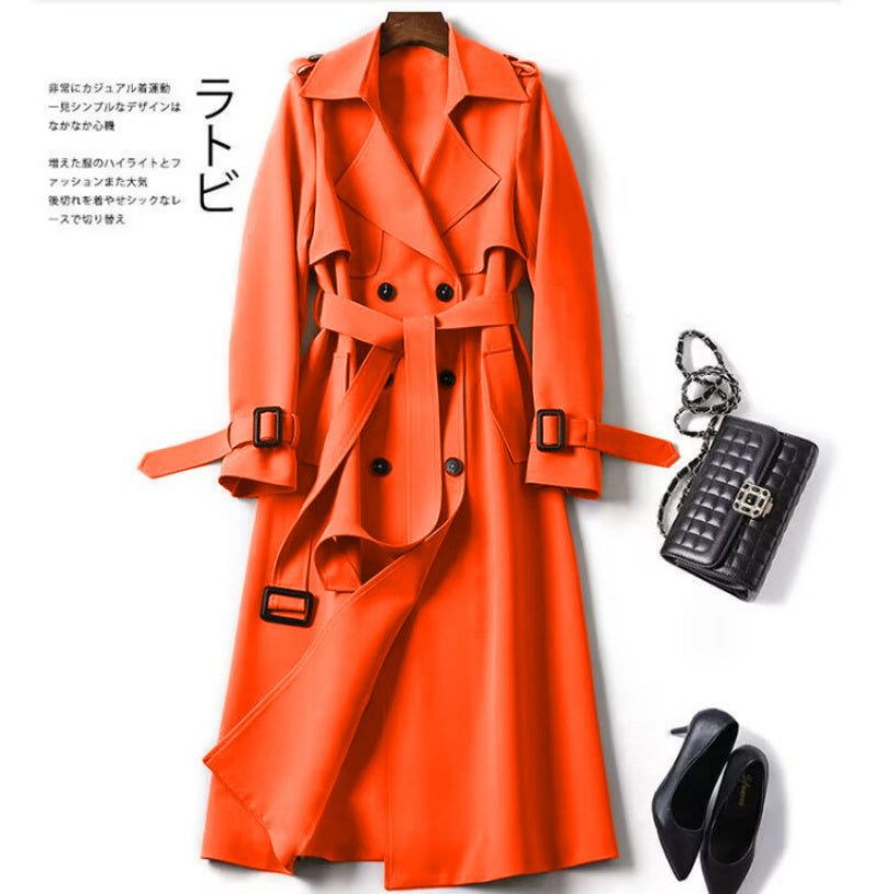 Double-breasted Mid-length Tie Trench Coat Orange red S