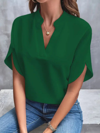 Summer Short-sleeved Chiffon Shirt New V-neck Shirt Women's Casual Versatile Clothing Green