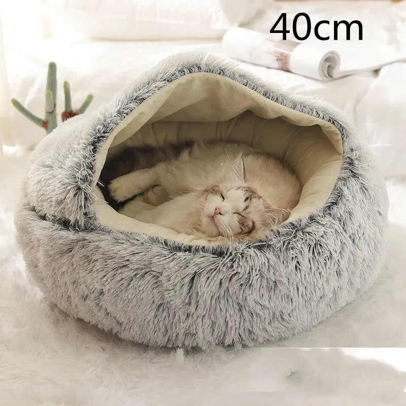 2 In 1 Dog And Cat Bed Pet Winter Bed Round Plush Warm Bed Grey 40cm