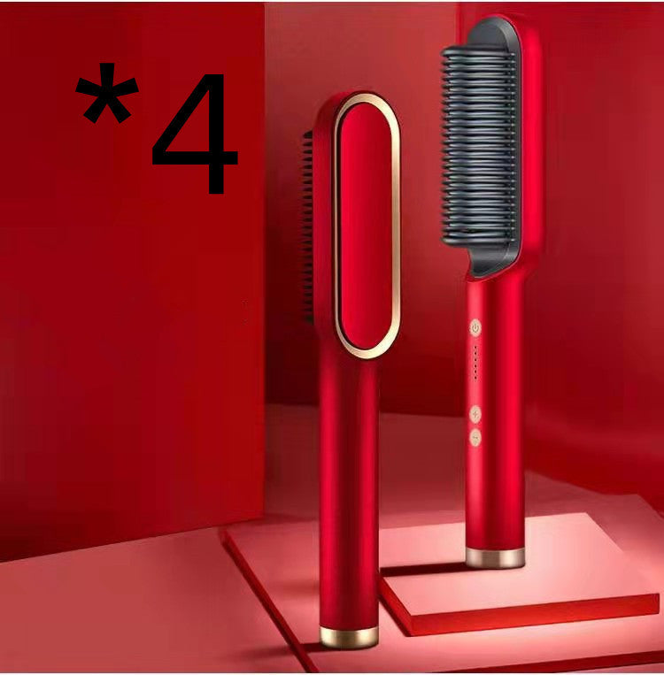 New 2 In 1 Hair Straightener Hot Comb Negative Ion Curling Electric Hair Brush 4pcs Red US Opp pack