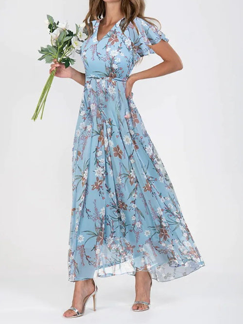 Flowers Print Short Sleeve Dress Summer Fashion Ruffle Beach Dresses Women's Clothing Lake Blue