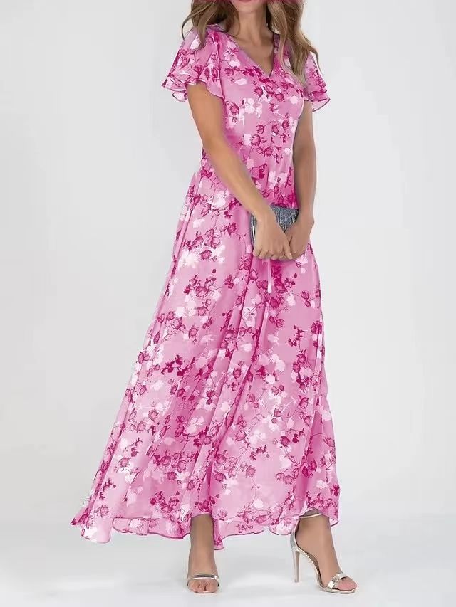 Flowers Print Short Sleeve Dress Summer Fashion Ruffle Beach Dresses Women's Clothing Pink