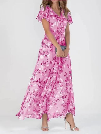 Flowers Print Short Sleeve Dress Summer Fashion Ruffle Beach Dresses Women's Clothing Pink