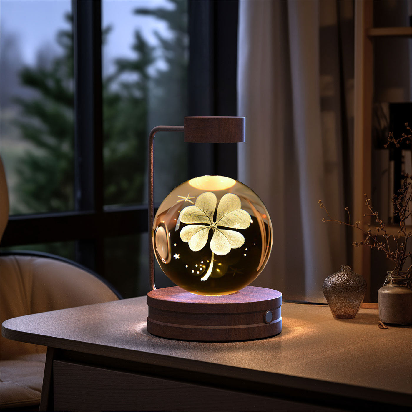 Crystal Ball Cosmic Dinosaur Indoor Night Light Fourleaf Grass Dark wood