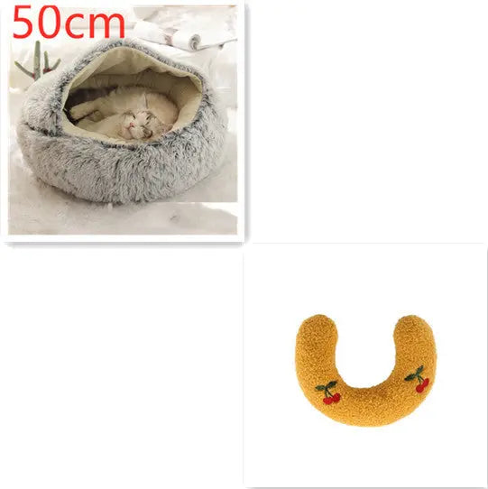 2 In 1 Dog And Cat Bed Pet Winter Bed Round Plush Warm Bed Grey50cm SetA