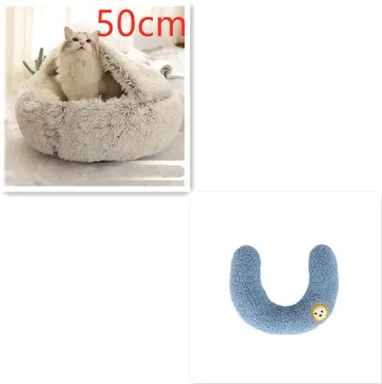 2 In 1 Dog And Cat Bed Pet Winter Bed Round Plush Warm Bed Brown50cm SetD