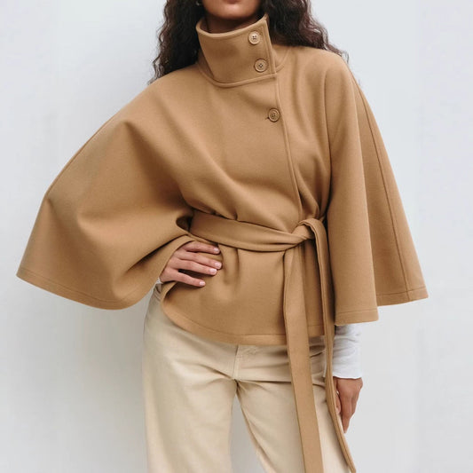 Winter High Neck Batwing Sleeve Coat With Belt Fashion Loose Elegant Button Coat For Women Clothing