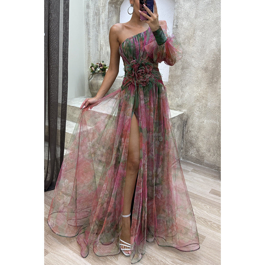 Mesh Tie-dye Printed Off-shoulder Slit Dress Summer Party Womens Clothing Red