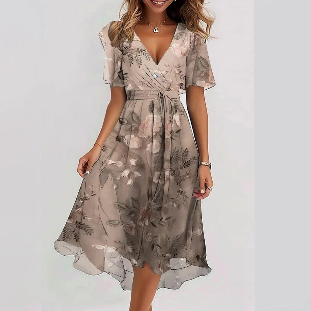 Chiffon Printed Short Sleeve Dress Elegant V-neck Dresses Rose Gold