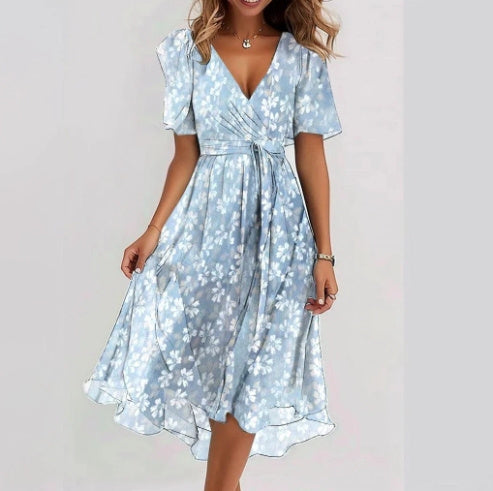 Chiffon Printed Short Sleeve Dress Elegant V-neck Dresses Aqua blue