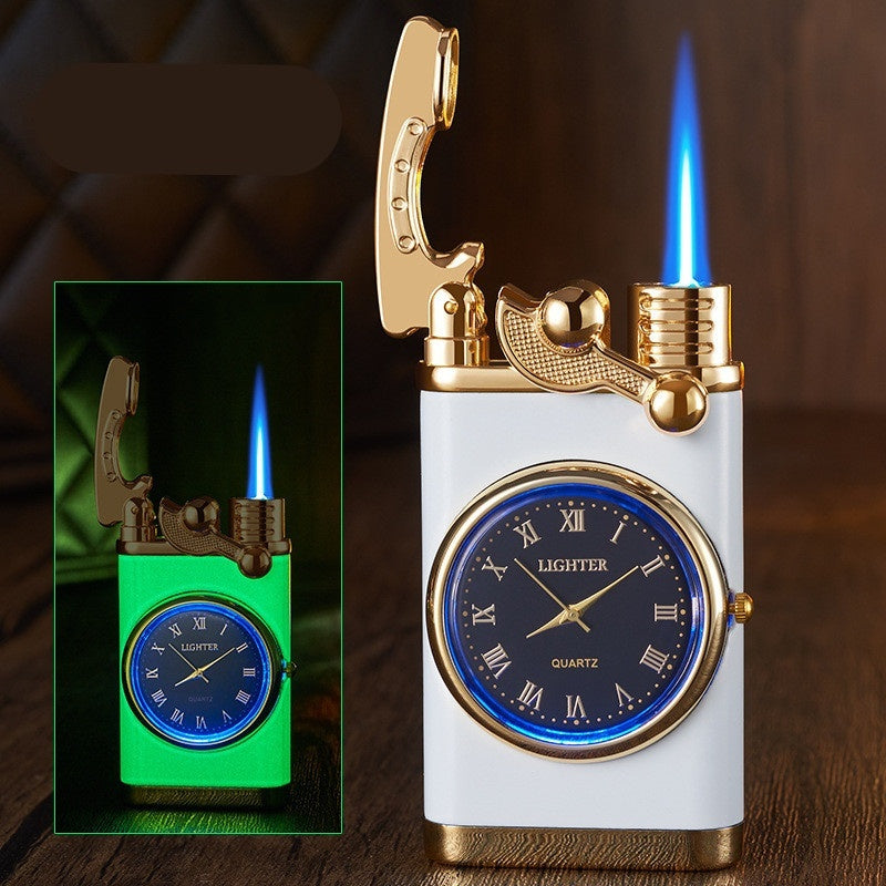 New Lighter With Electric Watch Rocker Arm Automatic Ignition Straight Blue Flame Lighter Luminous white Single flame