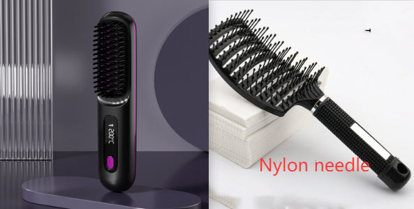 Straight Hair Comb Wireless Hair Straightener Brush Hair Fast Heating Portable Hot Curler USB Charging LCD Black English set1