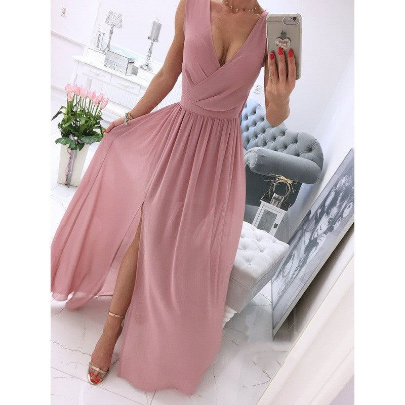 Women's Summer Sleeveless And Ankle Skirt Solid Color V-neck Front Split Long Dress Pink