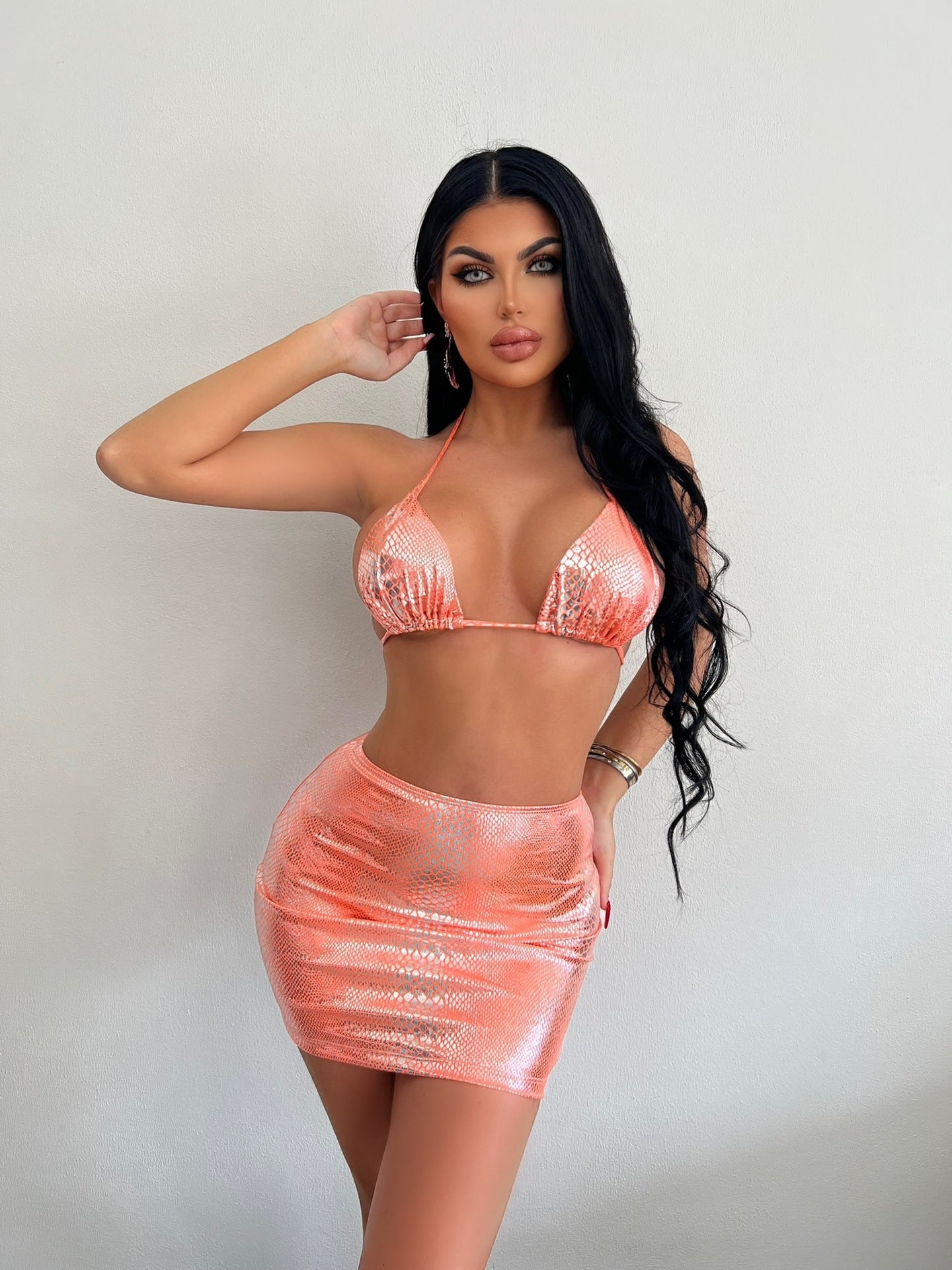 Women's 3 Piece Bathing Suits Halter Snake Pattern Bikini Set Orange