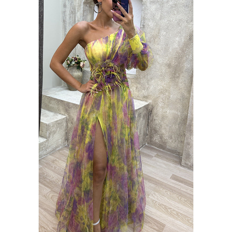 Mesh Tie-dye Printed Off-shoulder Slit Dress Summer Party Womens Clothing Yellow