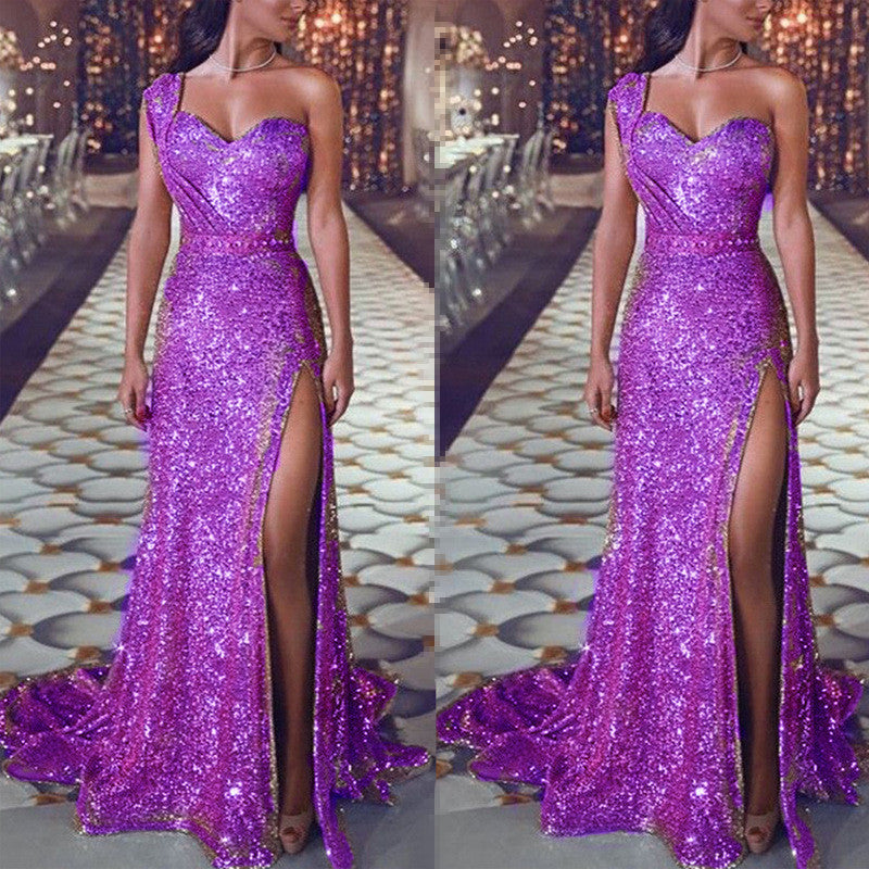 Women's Clothing One-shoulder Sleeveless Bronzing Split Dress Purple