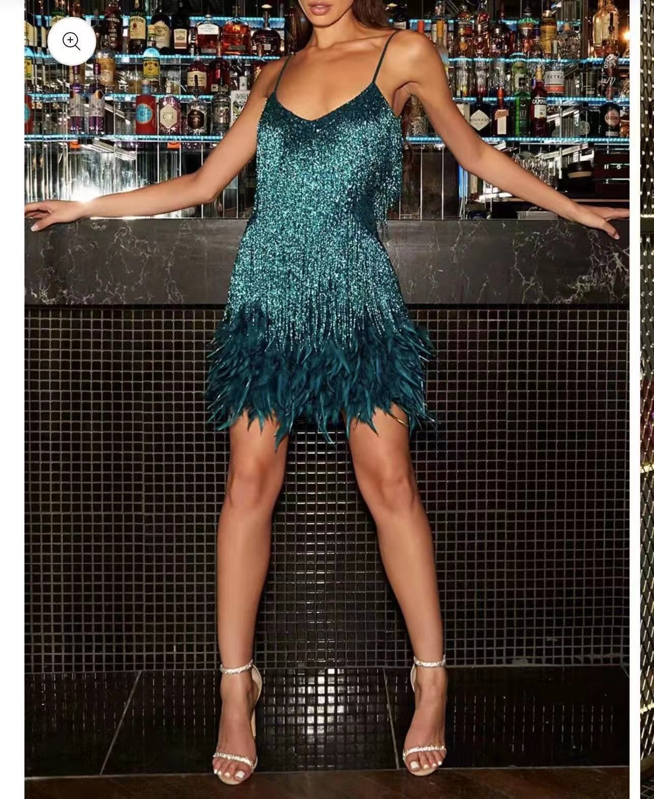 Sexy Tassel Sequins Feather Summer Mini Dress Women Elegant Evening Party Club Dress Dark Green