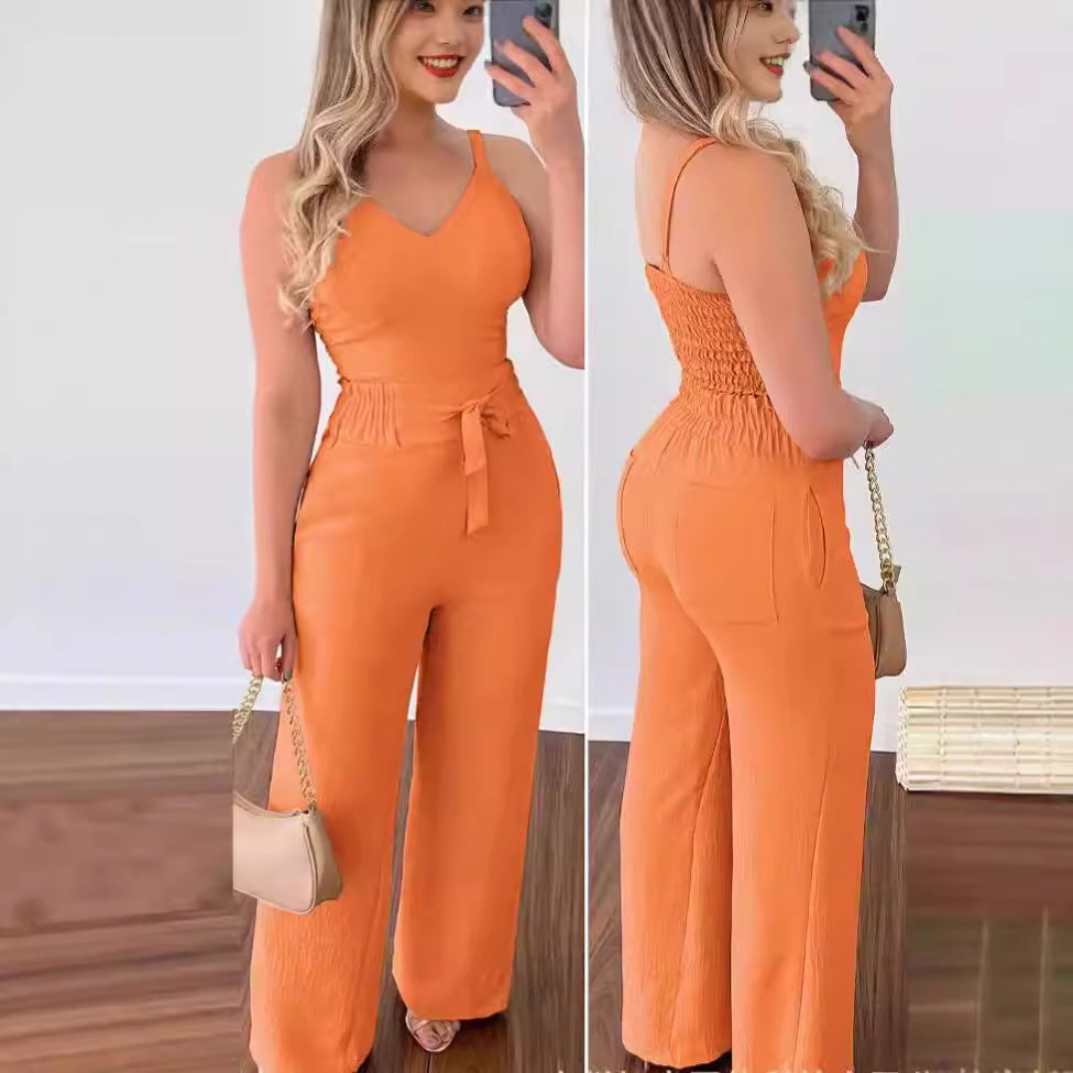 Women's Solid Color Slim Elastic Pleated Two-Piece Suit Sexy V-neck Pants Suit