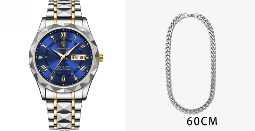 Men's Waterproof Double Calendar Luminous Quartz Watch 2style With Necklace