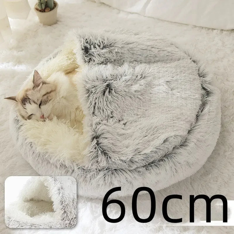 2 In 1 Dog And Cat Bed Pet Winter Bed Round Plush Warm Bed Hair Grey