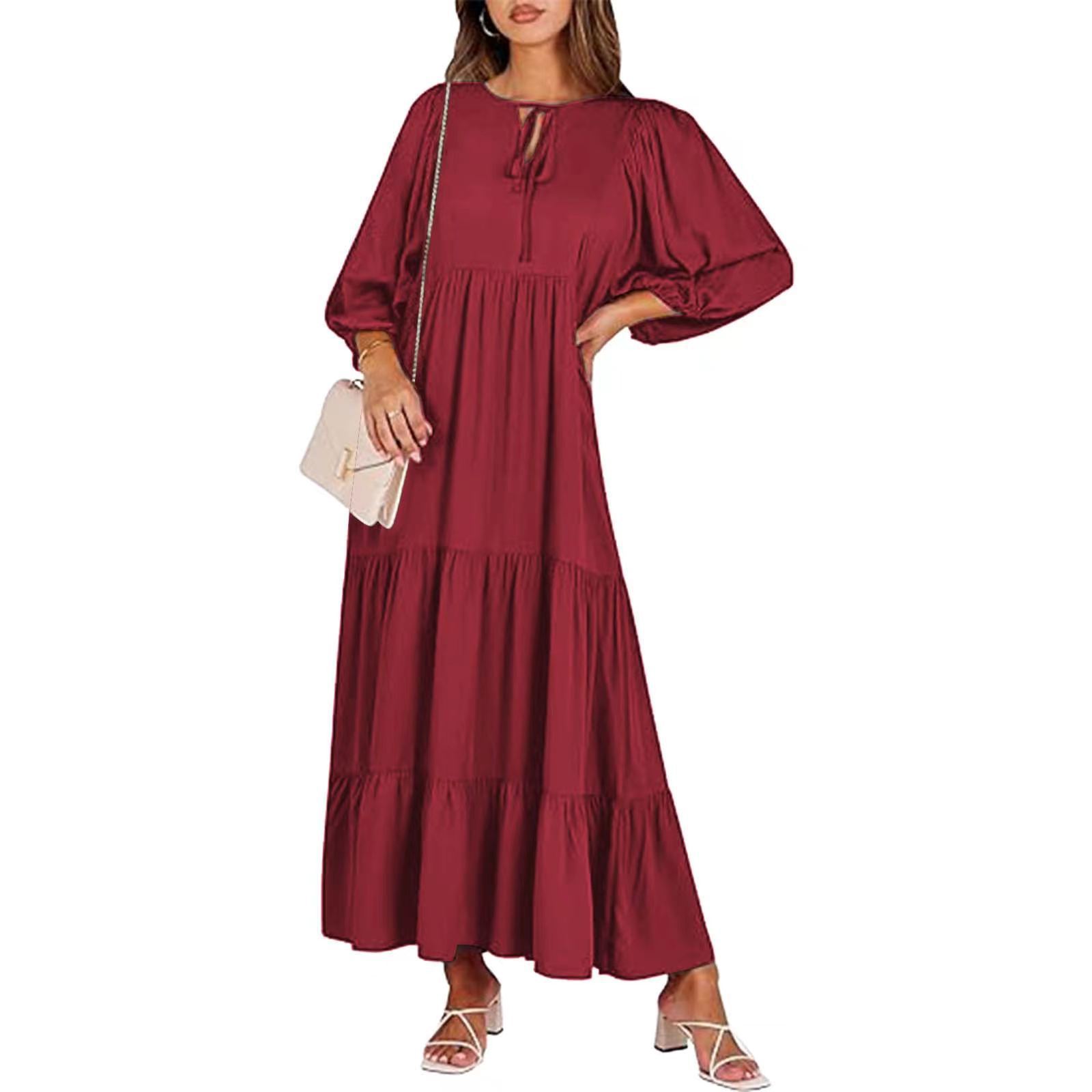 Summer Women's Vintage Printed Bohemian Dress Elegant Ladies Casual Loose V-Neck Short Sleeve Long Dresses Red2