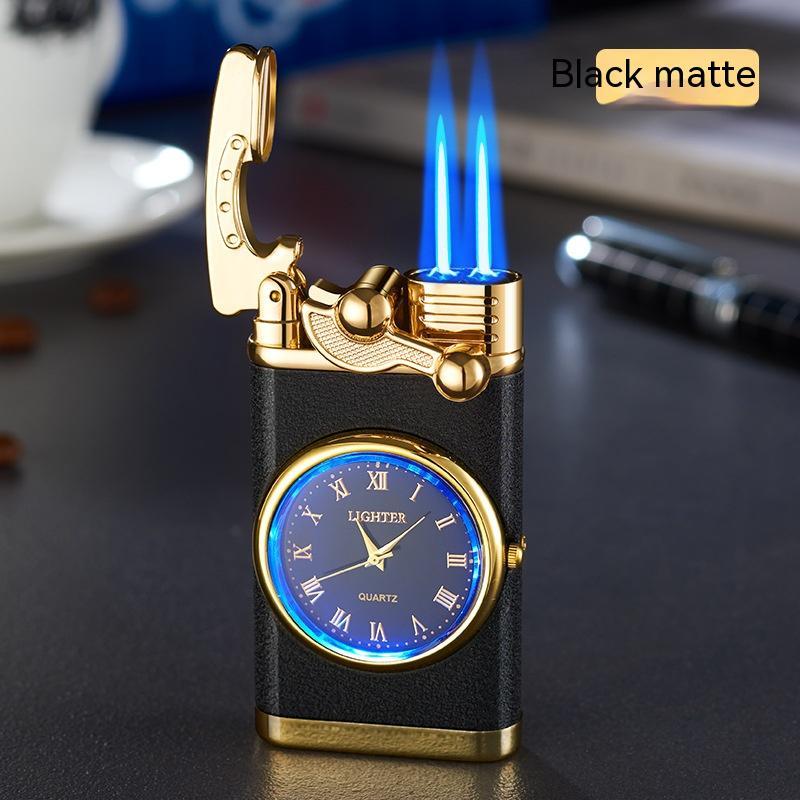 New Lighter With Electric Watch Rocker Arm Automatic Ignition Straight Blue Flame Lighter Black matte Double flame