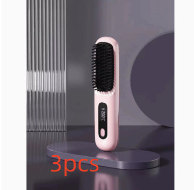 Straight Hair Comb Wireless Hair Straightener Brush Hair Fast Heating Portable Hot Curler USB Charging Pink 3pcs