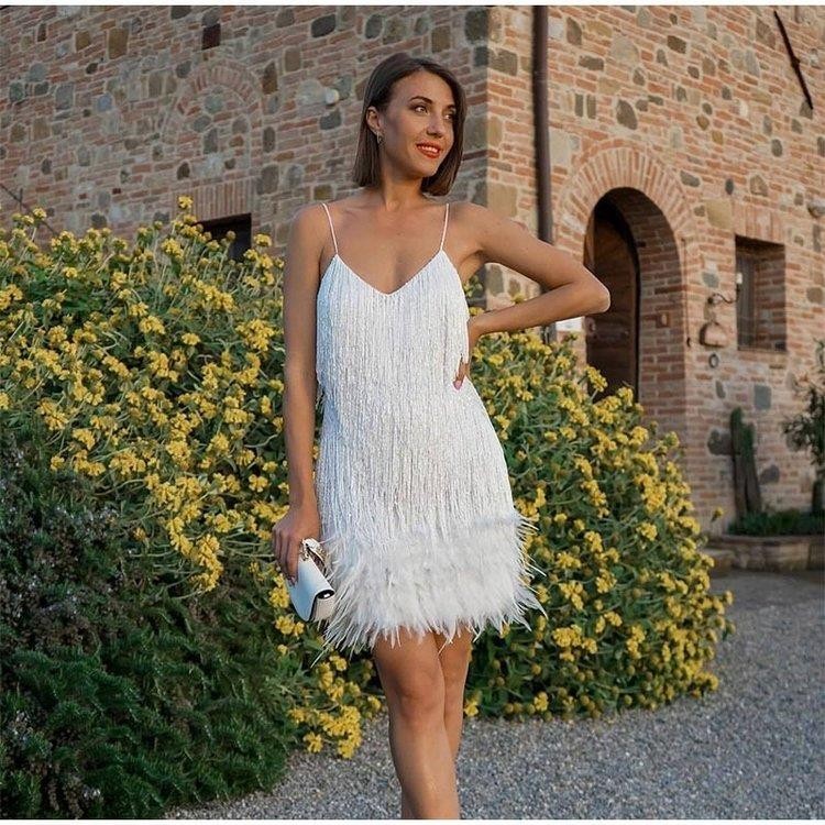 Sexy Tassel Sequins Feather Summer Mini Dress Women Elegant Evening Party Club Dress