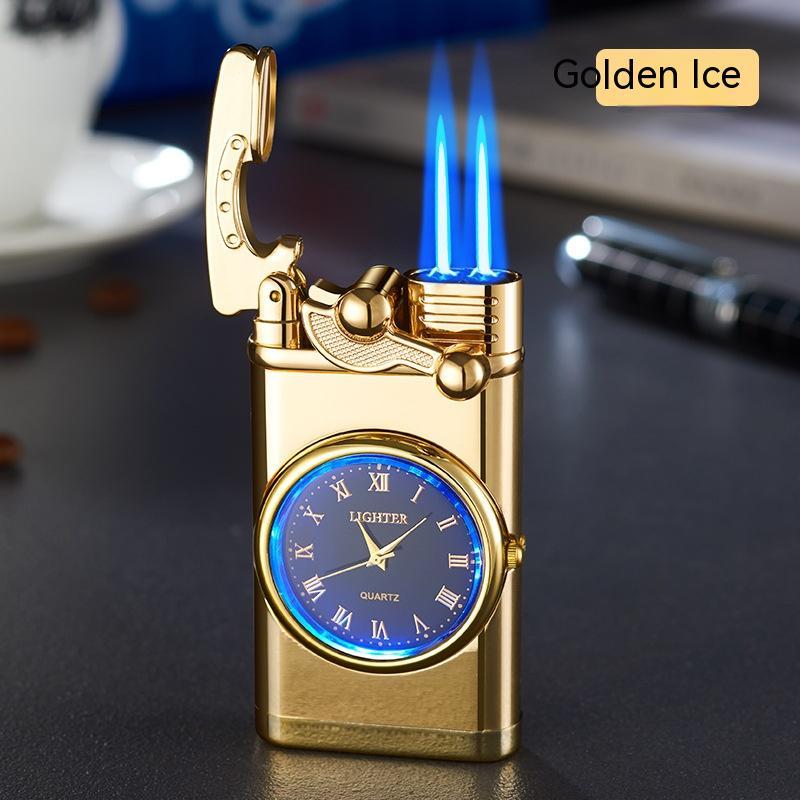 New Lighter With Electric Watch Rocker Arm Automatic Ignition Straight Blue Flame Lighter Gold Double flame