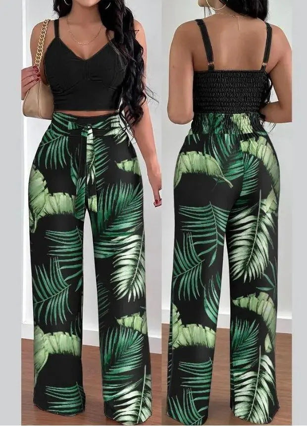 Women's Solid Color Slim Elastic Pleated Two-Piece Suit Sexy V-neck Pants Suit Green