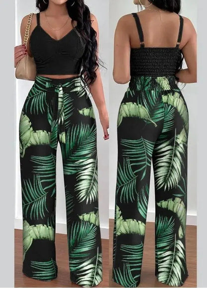Women's Solid Color Slim Elastic Pleated Two-Piece Suit Sexy V-neck Pants Suit Green